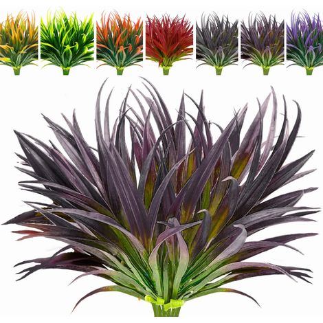 Set mit 8 UV-beständigen künstlichen Gartenpflanzen – Hohe Gräser, Tropenblumen und künstliche Sträucher für Frühlings-, Sommer- und Herbstpflanzgefäße – Dunkelviolett