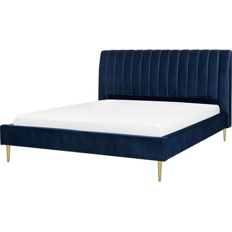 Lit Double en Velours Bleu 180 x 200 cm avec Haute Tête de Lit Rembourrée Élégant avec Tendance Rétro pour Chambre Glamour ou Classique Beliani (1/5)
