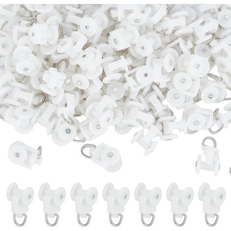 100 rodillos deslizantes para cortinas, poleas de plástico blanco con ganchos de acero inoxidable, carros de dos ruedas para cortinas. (1/5)