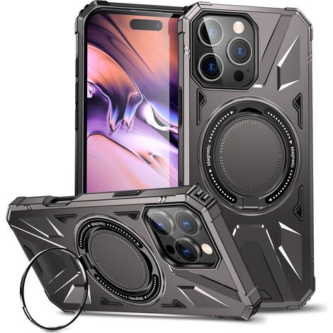 Funda para iPhone 16 Pro, reforzada con soporte y placa para la correa, color gris. (1/5)