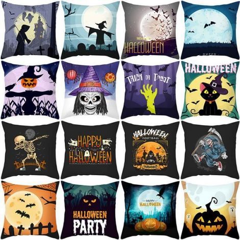 Housse oreiller - Halloween Citrouille - 45x45 cm - Tissu Peau de pêche - Décor Salon Multicolore TAIE OREILLER (1/2)
