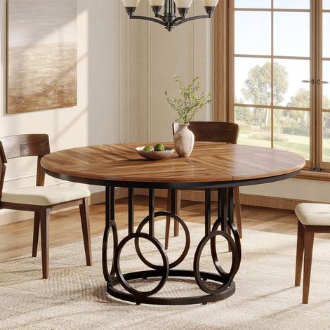 Runder Esstisch 120 cm, Holz-Küchentisch mit Metallfuß für 4-6 Personen, Landhaus-Stil (1/5)