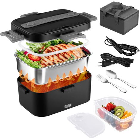 Lunch Box Chauffante Electrique, 75W, 1.8L, amovible acier inox, Fourchette cuillère sac isotherme, Compatible 12v 24v 110v 220v (1/5)