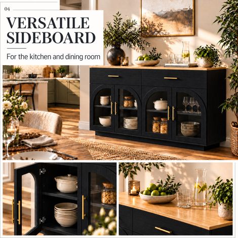 Aparador de cocina 147x40x86 cm MDF y aglomerado negro/natural con LED - MEUBLIV (1/5)