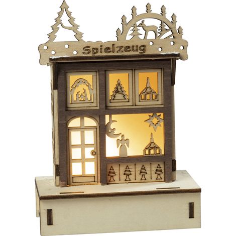 HGD LED-Dekoaufsteller Spielzeugladen mit Timer 10 x 14 cm warmweiß natur/braun