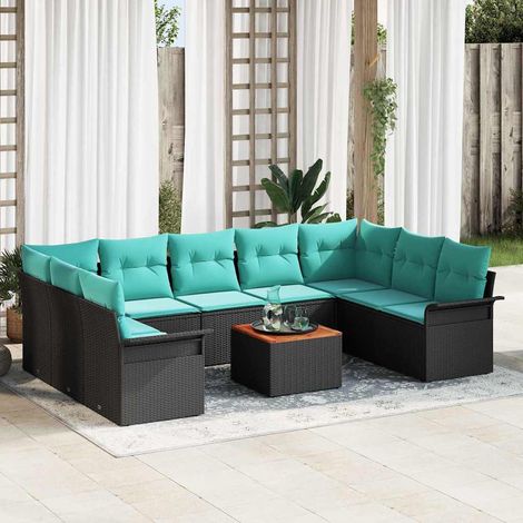 vidaXL Ensemble de canapé de jardin 10 pcs Noir et turquoise polyrotin (1/5)