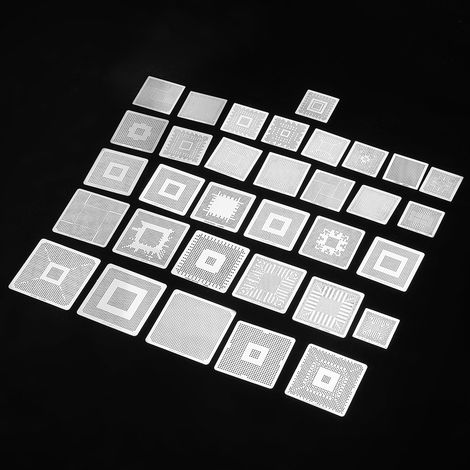 Kit de 33 pochoirs universels BGA pour le rebillage et la réparation, avec grille en acier et fixation à chaud directe. (1/5)