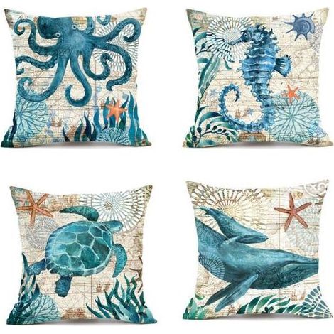 Housse de coussin imperméable 45x45cm – Lot de 4 – Polyester durable avec fermeture éclair cachée – Motif marine pour salon et jardin (1/5)