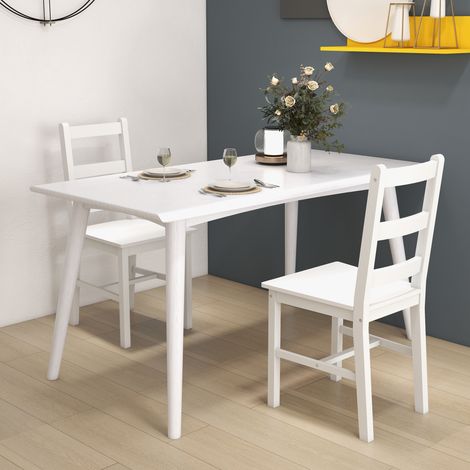 Set di 2 sedie da pranzo/cucina in legno massello di pino con schienale a doghe, stile rustico, bianche