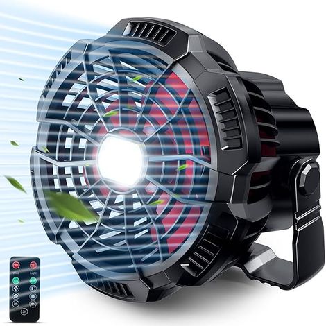 Ventilateur portable pour tentes, autonomie de 25 heures, avec batterie externe 5200 mAh, clip et télécommande, rechargeable par USB. Idéal pour la randonnée, les barbecues, la chasse et les situation