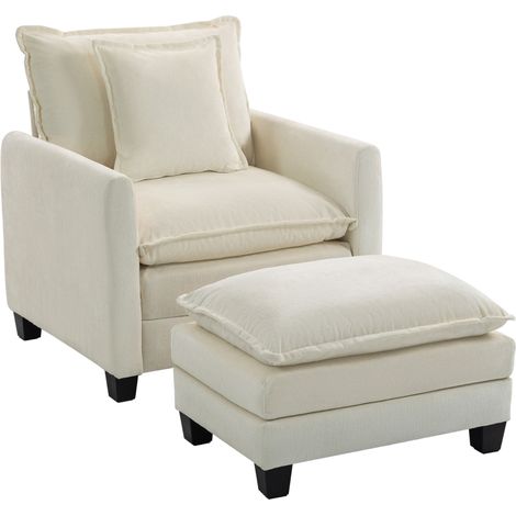 Fauteuil salon avec repose-pied, canapé 1 place en chenille, assise large, rembourrage double couche, 85x128x86cm, crème (1/5)