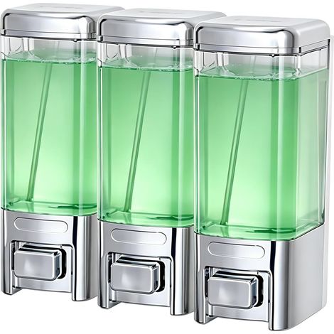 Distributeur De Savon Mural: 500ml Lot De 3 Distributeur Gel Douche, Distributeurs Mural Hygiénique Anti-Fuite sans Perçage pour Salle De Bain Cuisine Hôtel Restaurant (Argenté) (1/5)