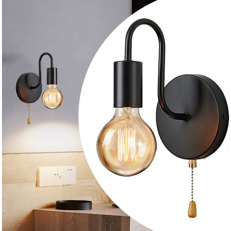 Innenwandleuchte mit Zugschalter, industrielle Vintage-Wandleuchte aus schwarzem Eisen, E27, Innenbeleuchtung für Schlafzimmer, Flur, Wohnzimmer