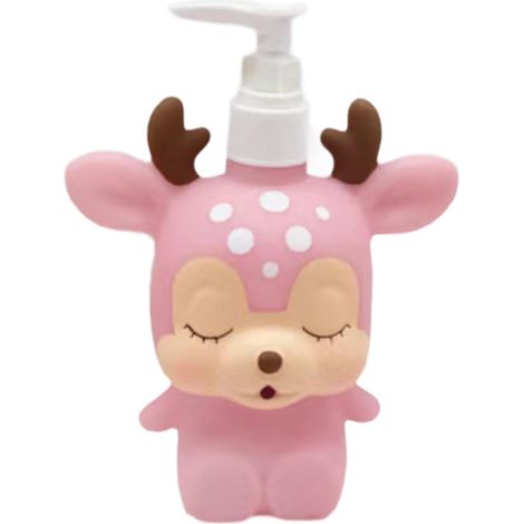 Dispensador infantil con forma de ciervo rosa, botella de gel de baño/manos con un diseño divertido.