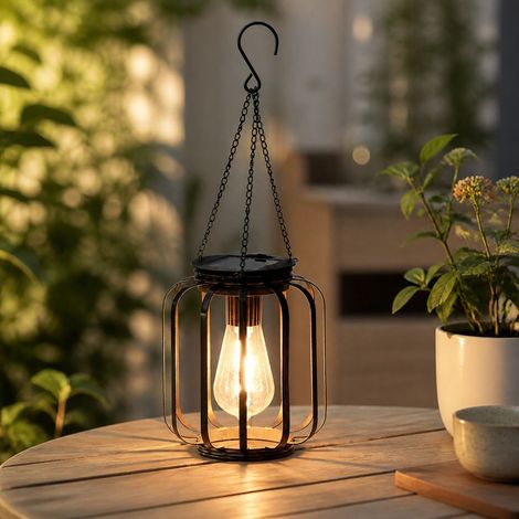 Lanterne Solaire Cage à Oiseaux Rétro en Fer Forgé Noir, Suspension ou Pose, Éclairage LED Ambiance pour Jardin Terrasse 35cm (1/4)