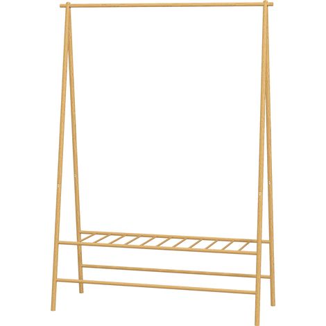 Portant à vêtements en bambou avec étagère à chaussures et crochets, autoportant, pour entrée, chambre, bois naturel
