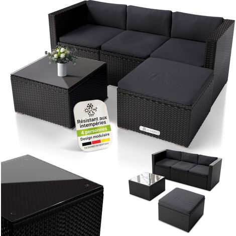 Juskys – Salon de jardin en polyrattan Punta Cana M – Ensemble 3-4 personnes – Canapé, table en verre, coussins déhoussables – Résistant aux intempéries