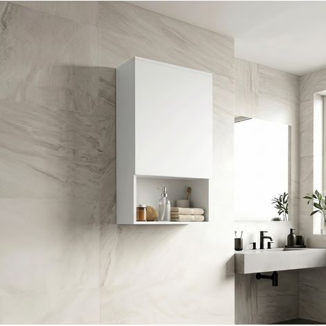 MODFU – Meuble salle de bains mural MDF – Porte, niche et 2 étagères réglables – Fixation murale – Salle de bains – Blanc (1/5)