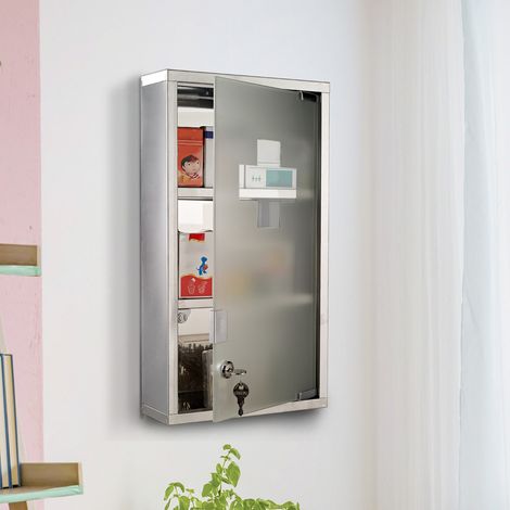 Armoire à pharmacie en acier inoxydable pour le rangement des médicaments, verrouillable, à 3 compartiments, porte vitrée, 25 x 12 x 48 cm, argent