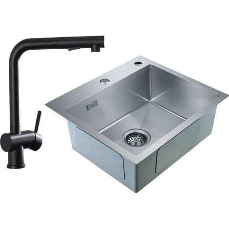 CECIPA Mitigeur de cuisine et Evier 1 bac Set, Évier Inox 1 Cuve 50 x 45 x 19 cm avec Siphon et Trop-Plein +Robinet de cuisine Noir avec douchette extractible (Sans Distributeur de Savon) (1/5)
