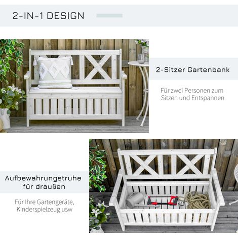 Banc de rangement extérieur Outsunny, coffre de jardin 2 places, rangement pour coussins, blanc, 115 x 61 x 85 cm (1/4)
