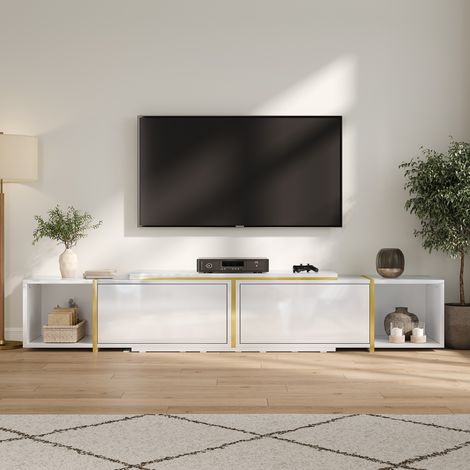 Comanlai - Meuble TV extensible - Banc TV moderne avec portes brillantes - Étagères ouvertes meuble de salon - Blanc (1/5)