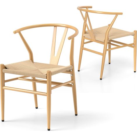 COSTWAY Set di 2 Sedie Sala da Pranzo, Sedie Moderna in Metallo con Seduta Intrecciato, Schienale a Forma di Y e Braccioli, Poltrone per Ufficio, Cucina e Ristorante, 46 x 59 x 73 cm (Naturale) (1/5)