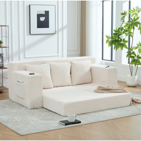 Sofá modular 172x87x64 cm de pana beige con portavasos para estudio – MEUBLIV (1/5)