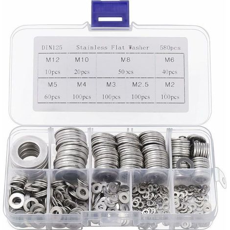 Rondelles En Acier Inoxydable Lot De 580 Pièces M2 À M12 – Assortiment De 9 Diamètres Pour Réparation, Industrie Et Décoration Intérieure (1/4)
