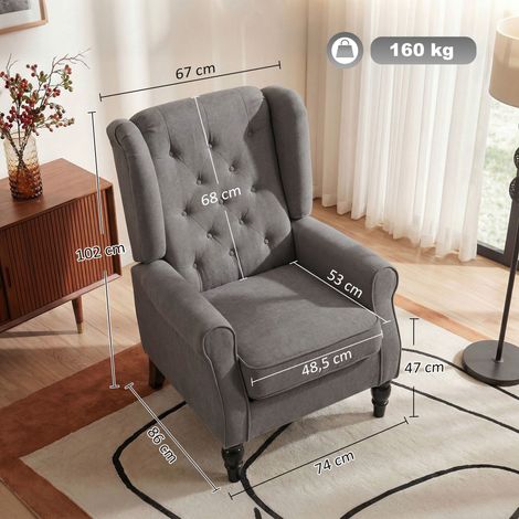 Ohrensessel im Vintage-Design, Lesesessel, Akzentsessel, Holzbeine, Knopfheftung, Grau + Schwarz (1/5)