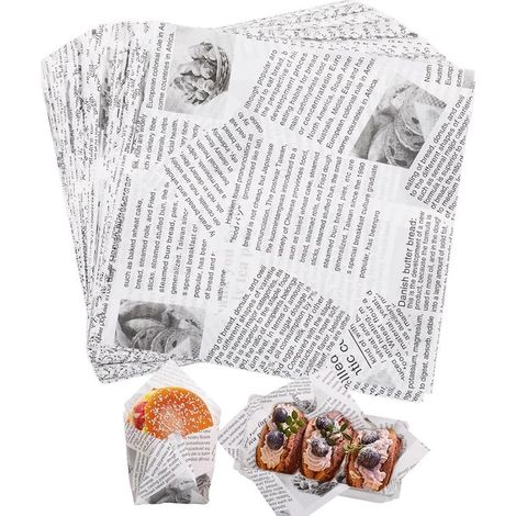 100 Blatt Küchenpapier mit Zeitungsmuster 18 x 18 cm Fettabweisendes Papier Lebensmittelecht Für Sandwiches, Burger, Pommes frites für Partys und (1/5)