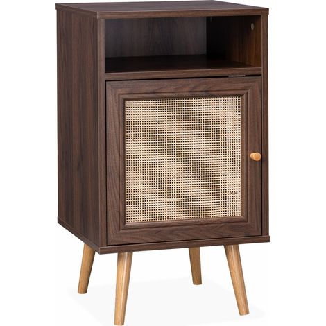 Table de chevet en cannage - Bohème - 40x39x70cm. couleur noyer - 2 niveaux - 1 porte - 1 espace de rangement - pieds scandinaves