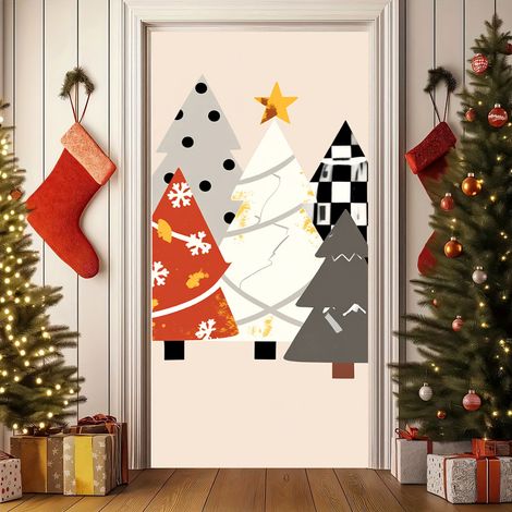 Nouvelle décoration de porte de Noël, motif Père Noël, pour jardin, cour ou extérieur - 90 x 180 cm (perforée + ruban) - 32
