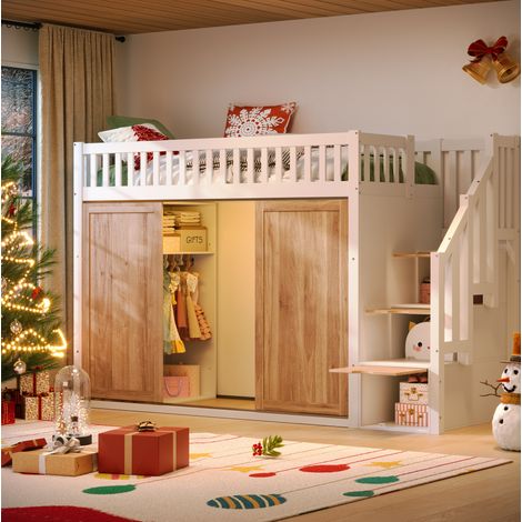 Letto a soppalco 90x200 cm in legno massello bianco e rovere con armadio e scala contenitore, senza materasso (1/5)
