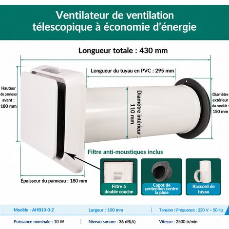 Aérateur Insufflateur d'Air Frais AHB10-0-2 Filtre PM2.5 10W 100 mm Fenêtre Mur 45,7 × 18,4 × 19 cm 4 kg – Livraison gratuite