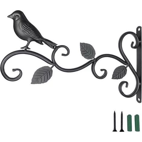 Set di 2 ganci per cesti appesi, staffa in acciaio nero massiccio con viti, gancio per piante da esterno, gancio da parete per piante sospese, mangiatoia per uccelli (1/4)
