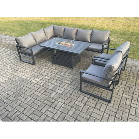 Fimous Aluminium Outdoor Garden Furniture Corner Sofa Gas Fire Pit Dining Table Sets Gas Heater Burner with 2 Chairs Dark Grey 8 Seater (1/5)
