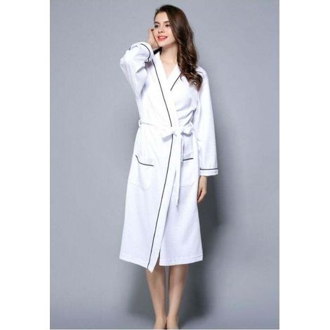 Peignoir Femme Coton Gaufré Léger Robe de Chambre Unisexe Spa Sauna Peignoir de Bain Eponge - Blanc L