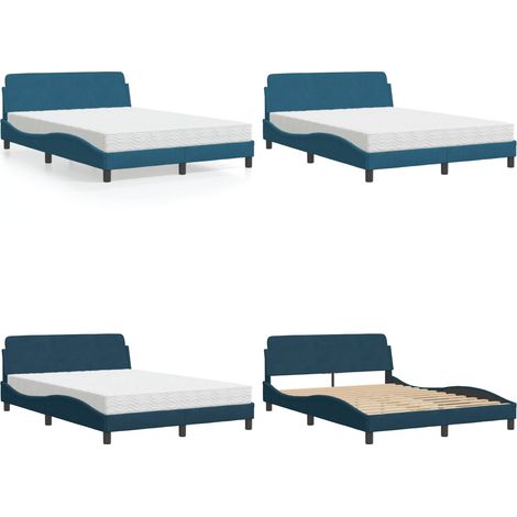 Lit avec matelas bleu 140x200 cm velours - Lit Double - Lit Plateforme - Lit Design - Lit Velours - Literie - Home & Living (1/5)
