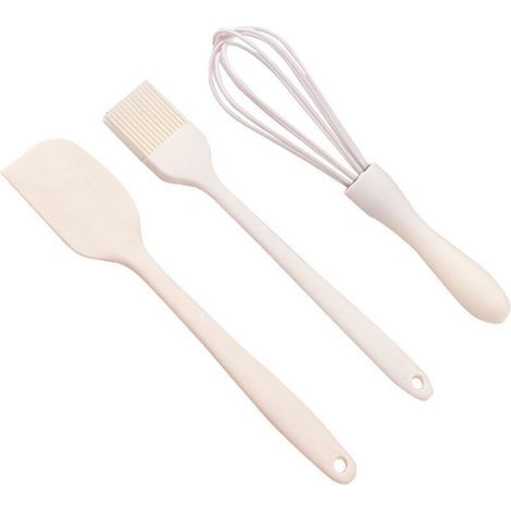Set of 3 silicone baking utensils including a spatula, a brush and a whisk, ideal for cakes, pies and desserts, durable and easy-to-clean material. (1/5)