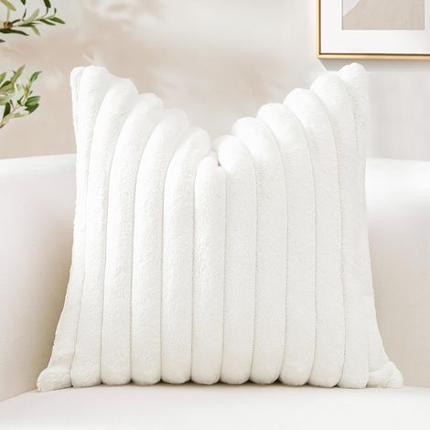 Sungeek Lot de 1 Housse de Coussin 40x40 cm en Fausse Fourrure de Lapin, Housse Coussins Peluche à Rayures Doux Taies d'oreiller en Velours Décoratives pour Lit Canapé Chambre Salon, Blanc