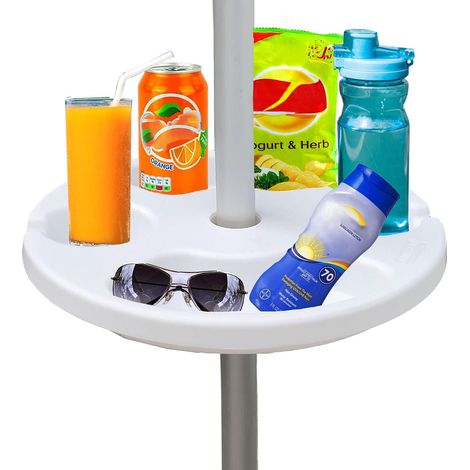 Plateau de Parasol de Plage de 33 cm pour Plage, terrasse, Jardin, Piscine avec Porte-gobelets, Compartiments à collation, Blanc (1/5)