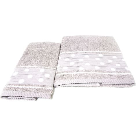 Set Asciugamano Copiola Salvietta Bagno In Spugna 100% Cotone Mod Pois Tortora (1/5)
