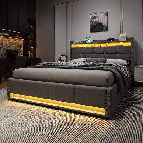 Cama tapizada 140x200 cm gris oscuro con arcón hidráulico, LED y base de carga (1/5)