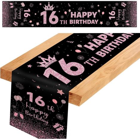 Tischläufer 16. Geburtstag, Schwarz-Rosa, 182x35 cm, wiederverwendbar