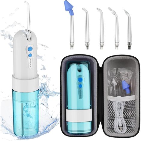 Hydropulseur Sans Fil, Mini Irrigateur Buccal Portable avec Boîte de Rangement, 4 Modes et 5 Buses, Fil Dentaire Électrique, Étanchéité IPX7, Adapté pour la Maison et les Voyages (Bleu/Blanc) (1/5)