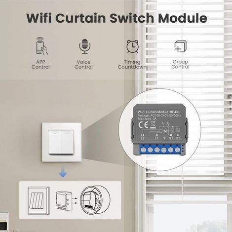 Intelligenter WLAN-Vorhangschalter, ferngesteuertes Vorhangmodul, AC 100–240 V, 50/60 Hz, Schutzart IP20, wasserdichter Timer, sprachgesteuerter Schutzschalter, RF433 Smart-Jalousienschaltermodul (1/3)