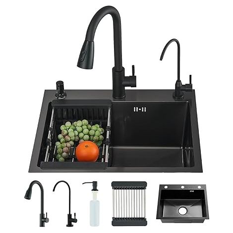 Évier de cuisine en acier inoxydable avec robinets amovibles et distributeur de savon, évier de cuisine en acier inoxydable noir (55 x 45 cm) (1/5)