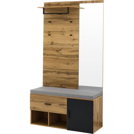 Ensemble de vestiaire couleur chêne 190 cm avec miroir, banc à chaussures rembourré, tiroir (1/5)