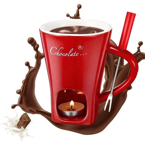 Mug à fondue au chocolat avec fourchette, tasse à fondre portable en céramique pour desserts au chocolat et au fromage (1/5)